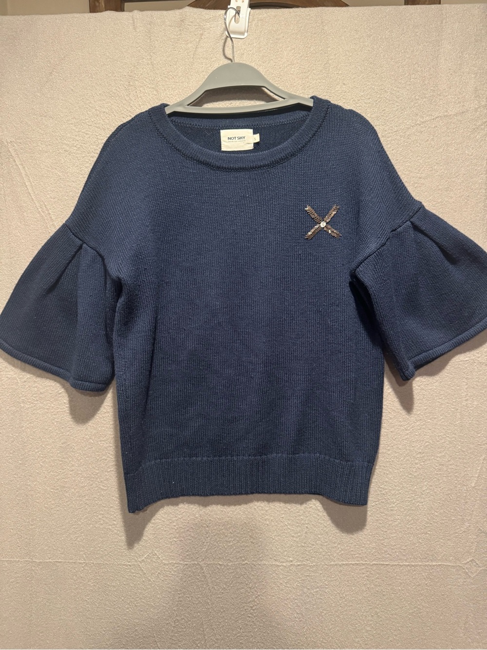 Not Shy Navy Cashmere Knit Puff Sleeve Sweater with Embellished X